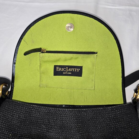 Eric Javits Medium Black Squishee Straw And Patent Leather Flap Crossbody Bag - Picture 9 of 15